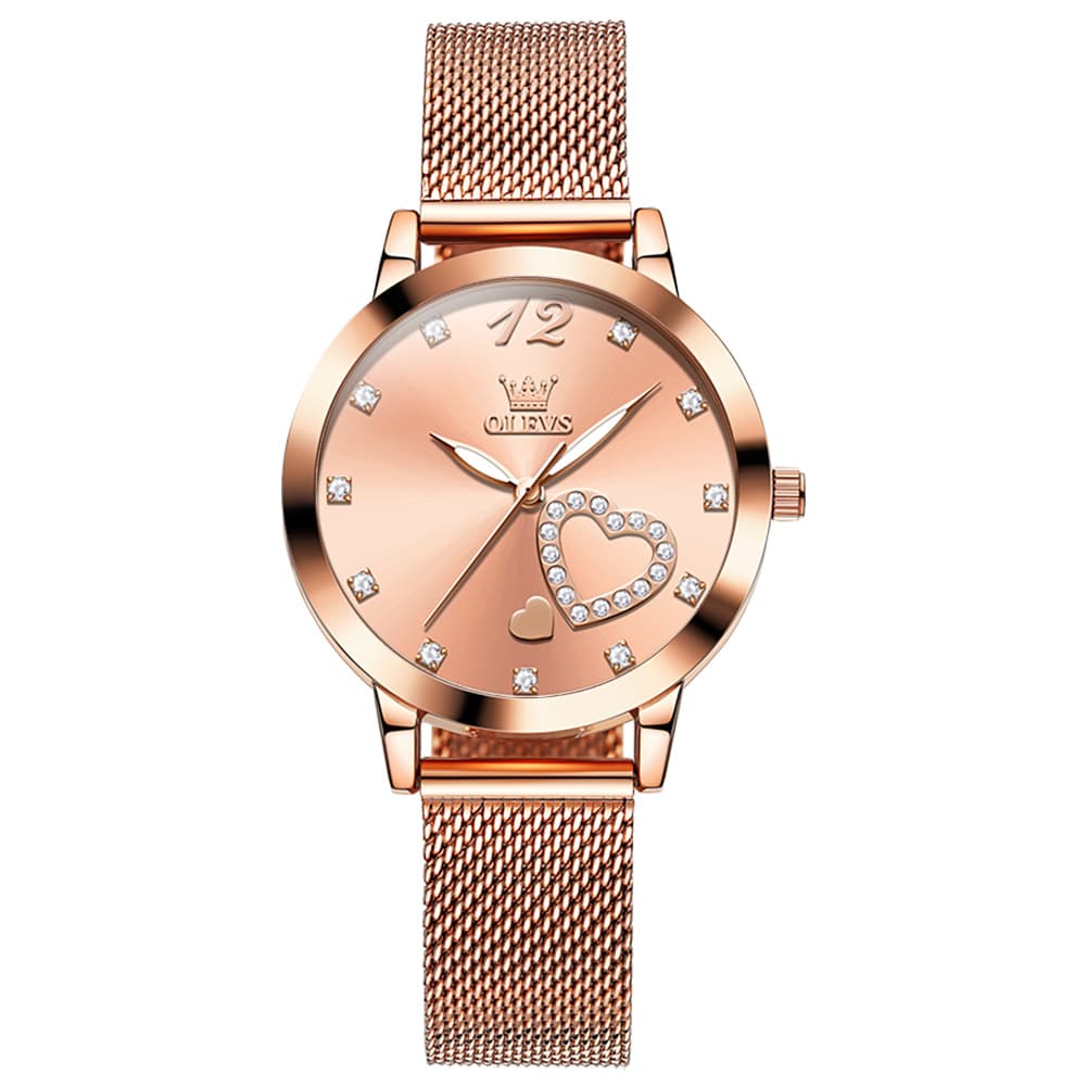 OLEVS 5189 Heart Motif Milanese Mesh Quartz Watch for Women