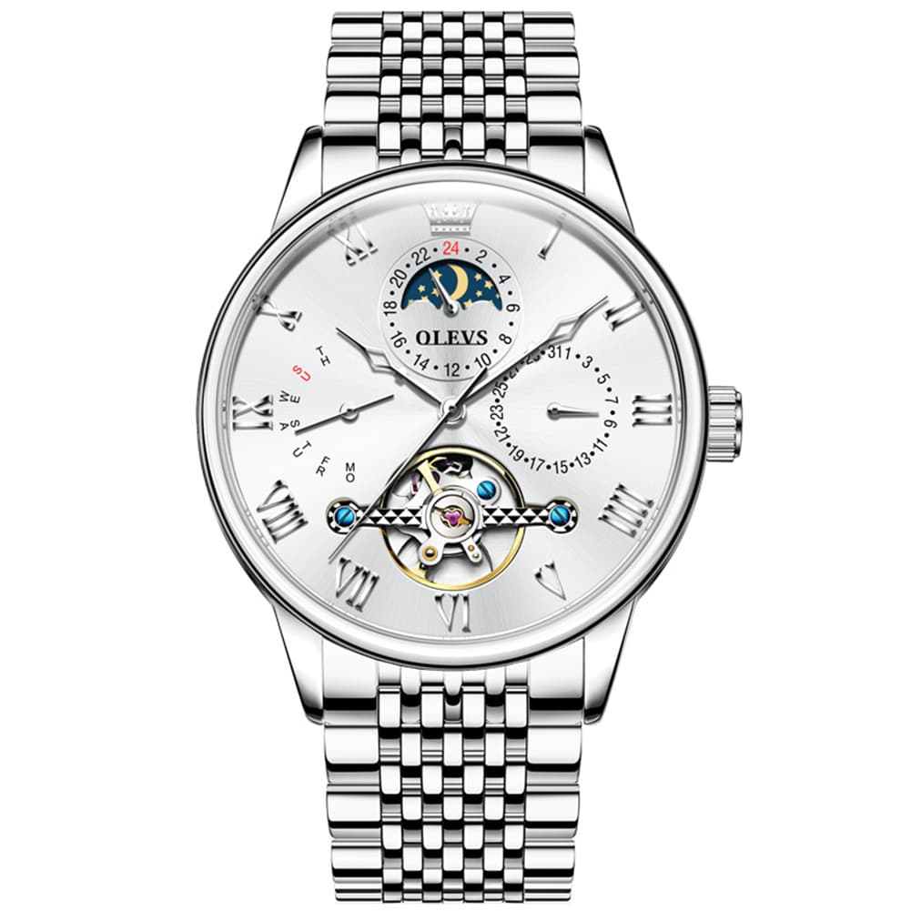 OLEVS 7009 Sun and Moon Skeleton Mechanical Watch for Men