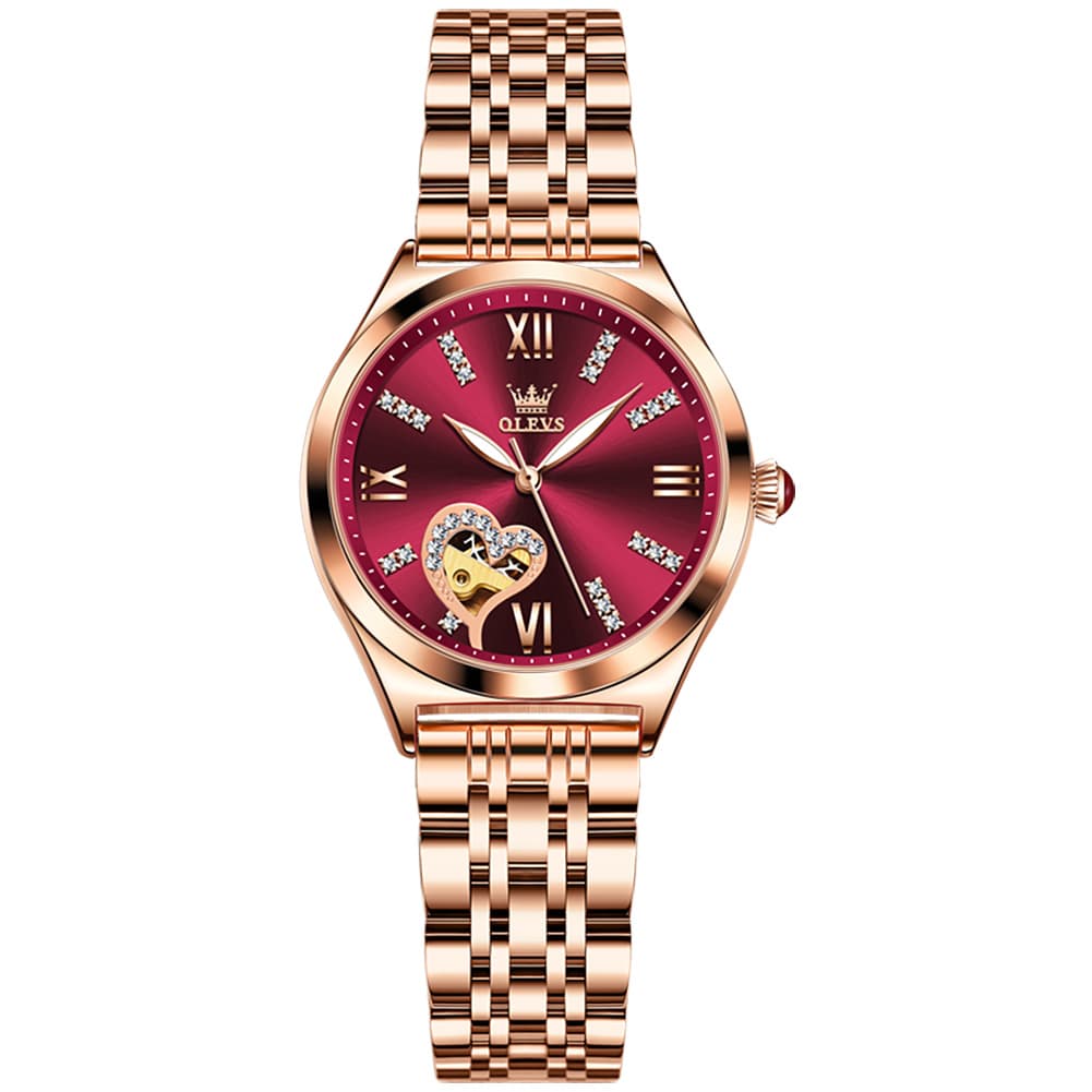 OLEVS 6636 Leather Skeleton Mechanical Watch for Women