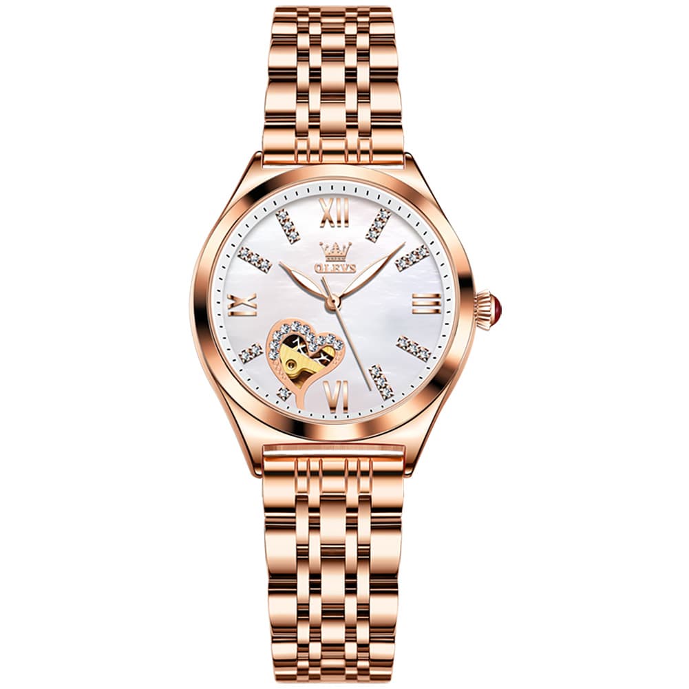 OLEVS 6636 Leather Skeleton Mechanical Watch for Women