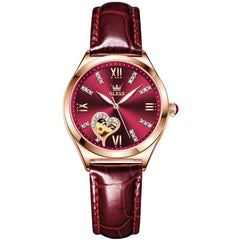 OLEVS 6636 Leather Skeleton Mechanical Watch for Women