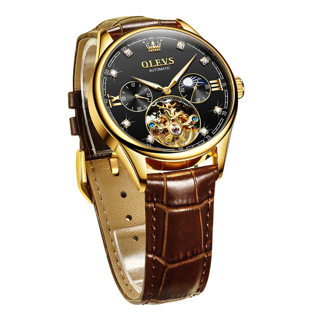 OLEVS 3601 Classic Open Heart Automatic Leather Watch for Men