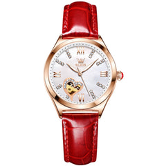 OLEVS 6636 Leather Skeleton Mechanical Watch for Women