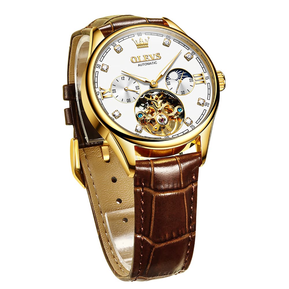 OLEVS 3601 Classic Open Heart Automatic Leather Watch for Men