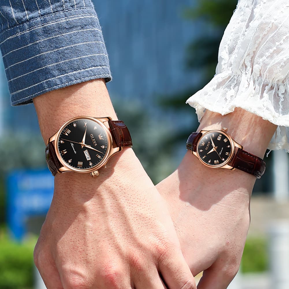 OLEVS Couple Watches Diamond Dial Automatic Mechanical Watch 9932 Leather Strap for His and Hers