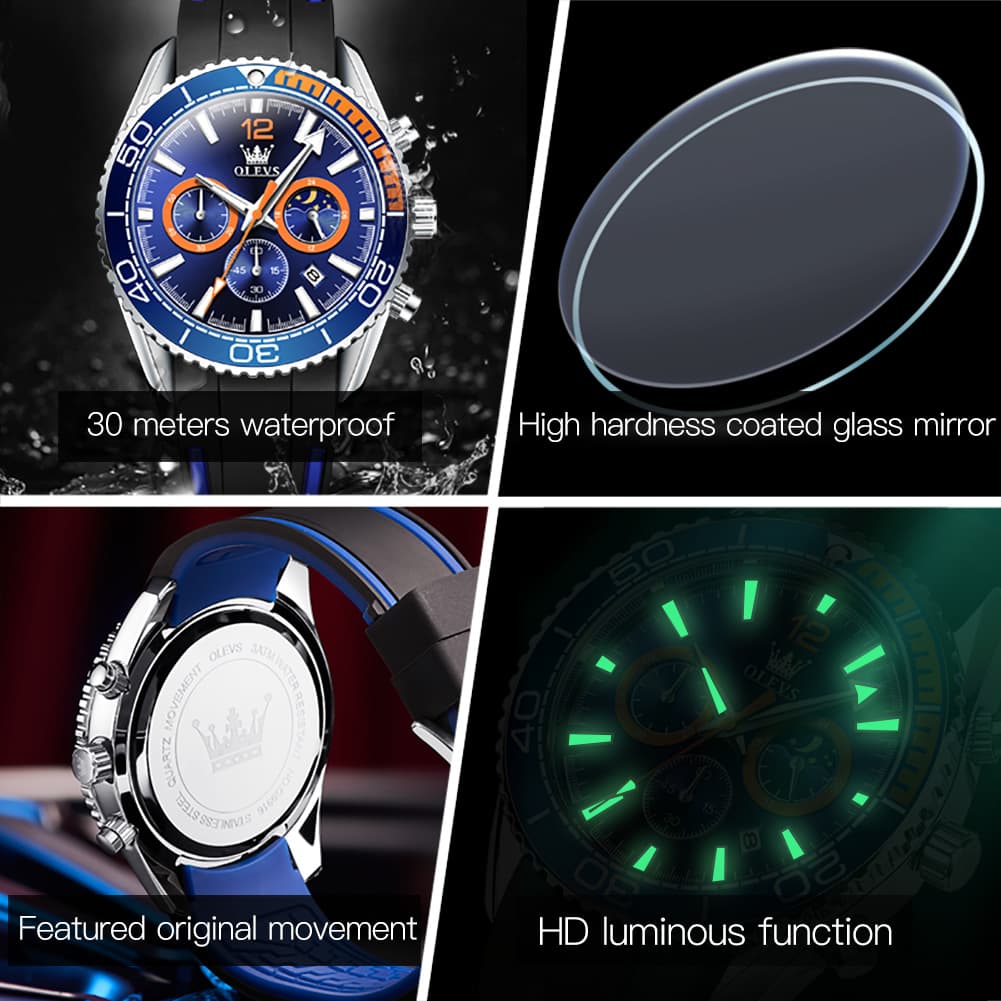 OLEVS 9916 Silicone Strap Moon Phase Chronograph Watch for Men