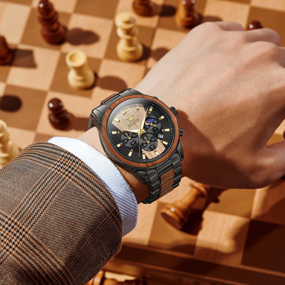 OLEVS 3645 Solid Wood & Steel Chronograph Quartz Watch for Men