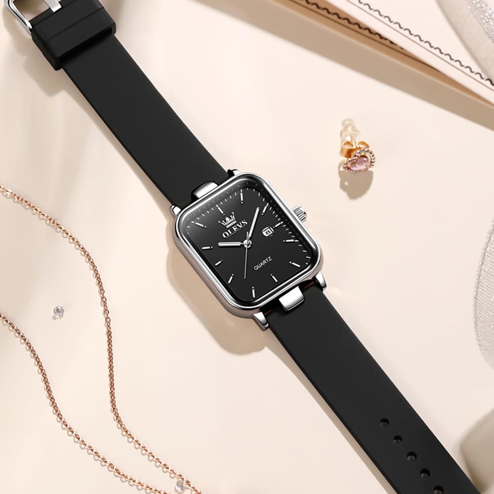 OLEVS 7089 Silicone Strap Watch Retro Square Date Quartz Sport Luxe Timepiece for Women