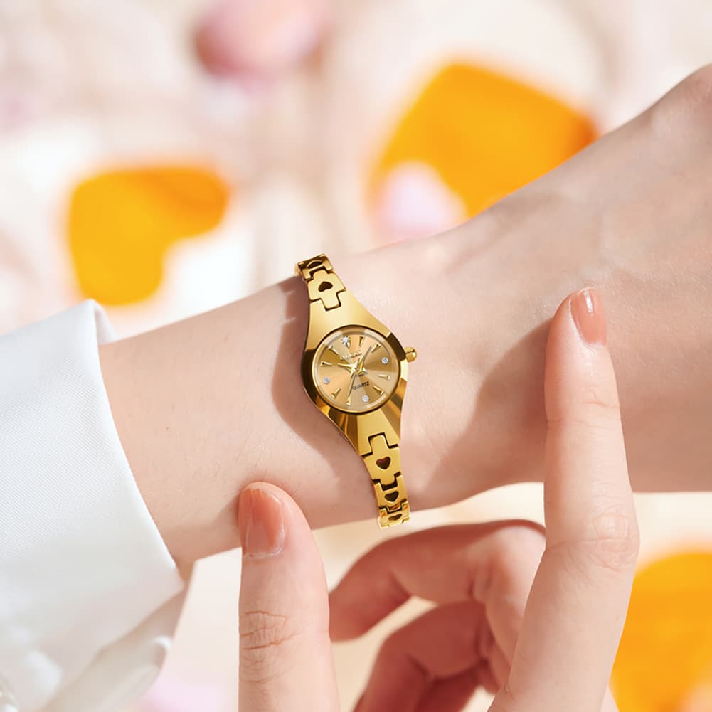 OLEVS 7082 Tungsten Steel Watch Dainty Heart Link Faceted Bracelet Diamond Accent Quartz Timepiece for Women