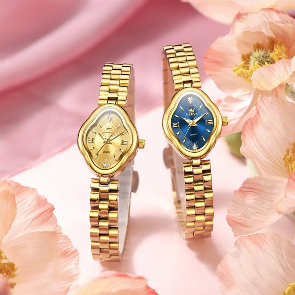 OLEVS 5666 Petal Case Vintage Dress Watch Gold Bracelet Quartz Jewelry Timepiece for Women