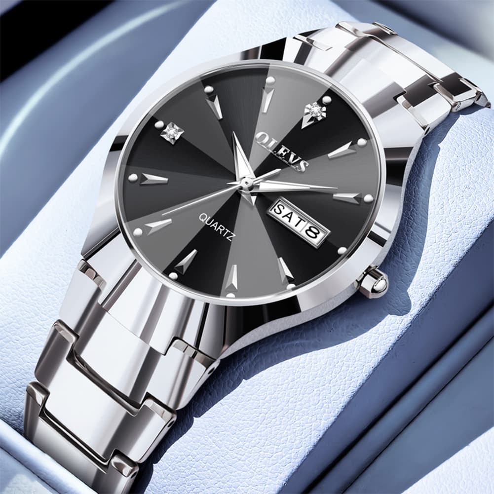 OLEVS Tungsten Steel Ultra Thin Day Date Couple Watch 8697 for Men and Women