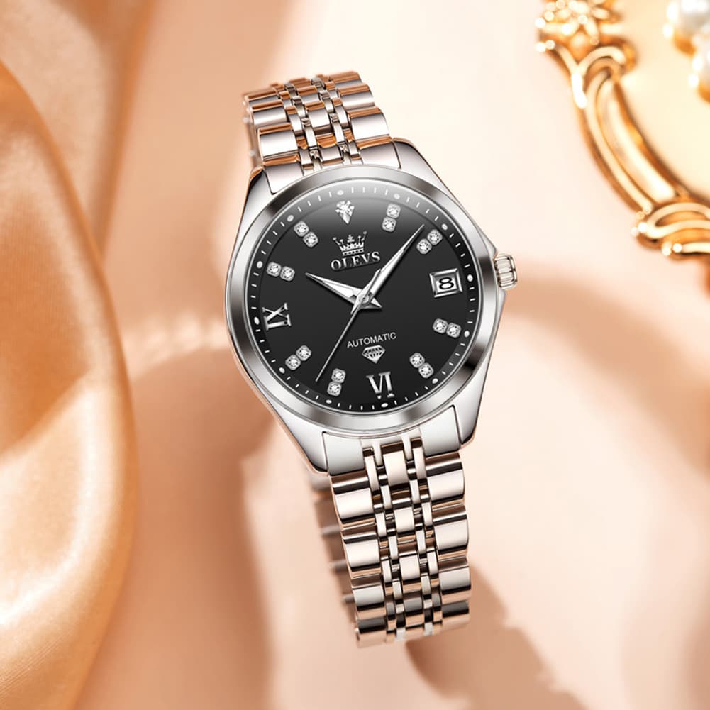 OLEVS Diamond Dial Automatic Mechanical Watch 9801 Date Display for Women