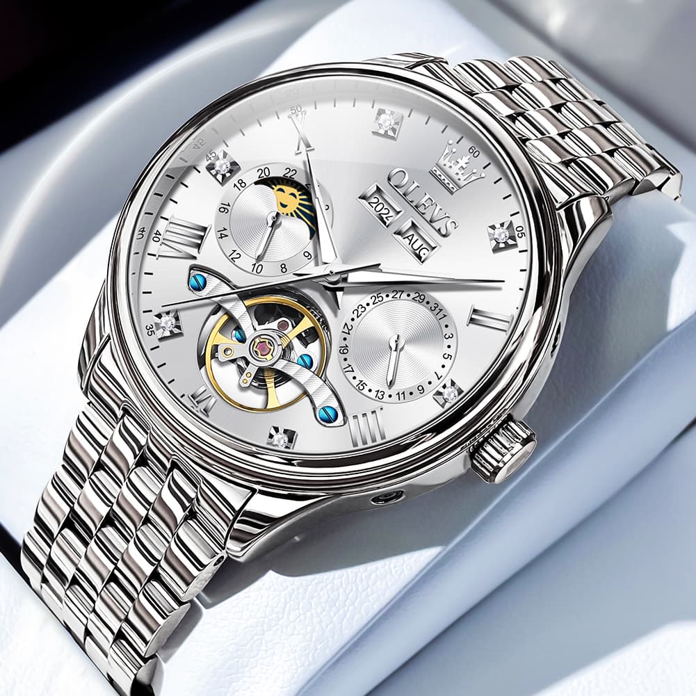 OLEVS 7023 Skeleton Moon Phase Automatic Watch for Men