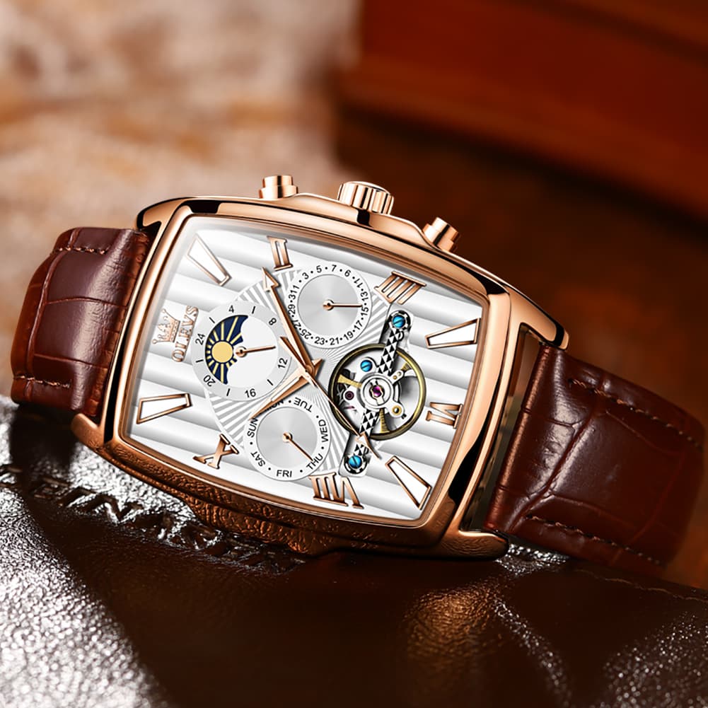 OLEVS 6675 Square Mechanical Moon Phase Watch for Men