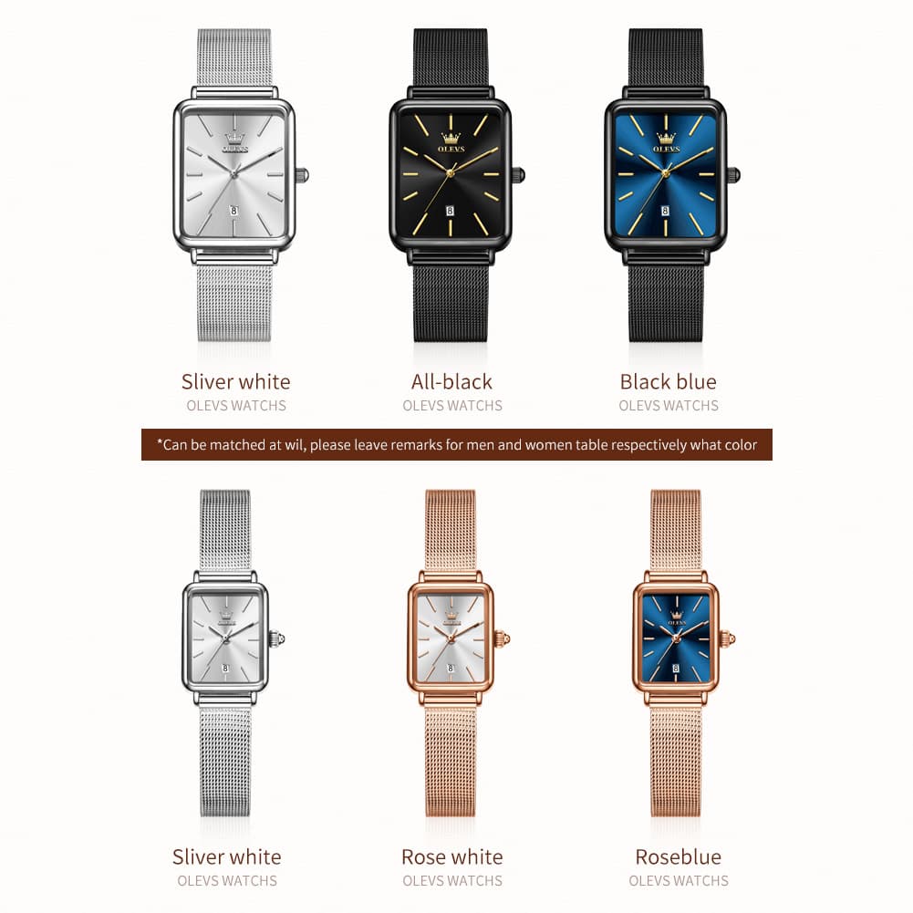 OLEVS 3692 Matching Couples Watch Set Rectangle Minimalist Mesh