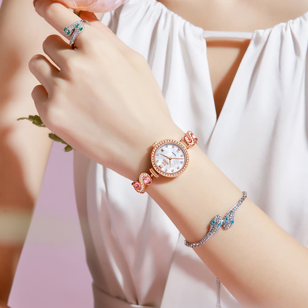 OLEVS Women Jewelry Bracelet Watch Pink Diamond Mother of Pearl Date Quartz 5633