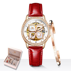 OLEVS 6612 Automatic Skeleton Four Leaf Clover Watch Set for Women