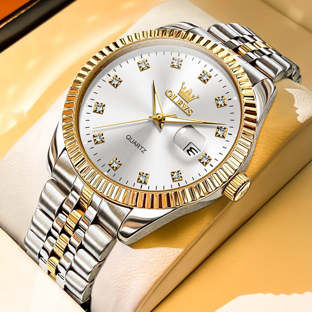 OLEVS Couple Watches Fluted Bezel Diamond Dial Quartz Watch 5526 Jubilee Band for His and Hers