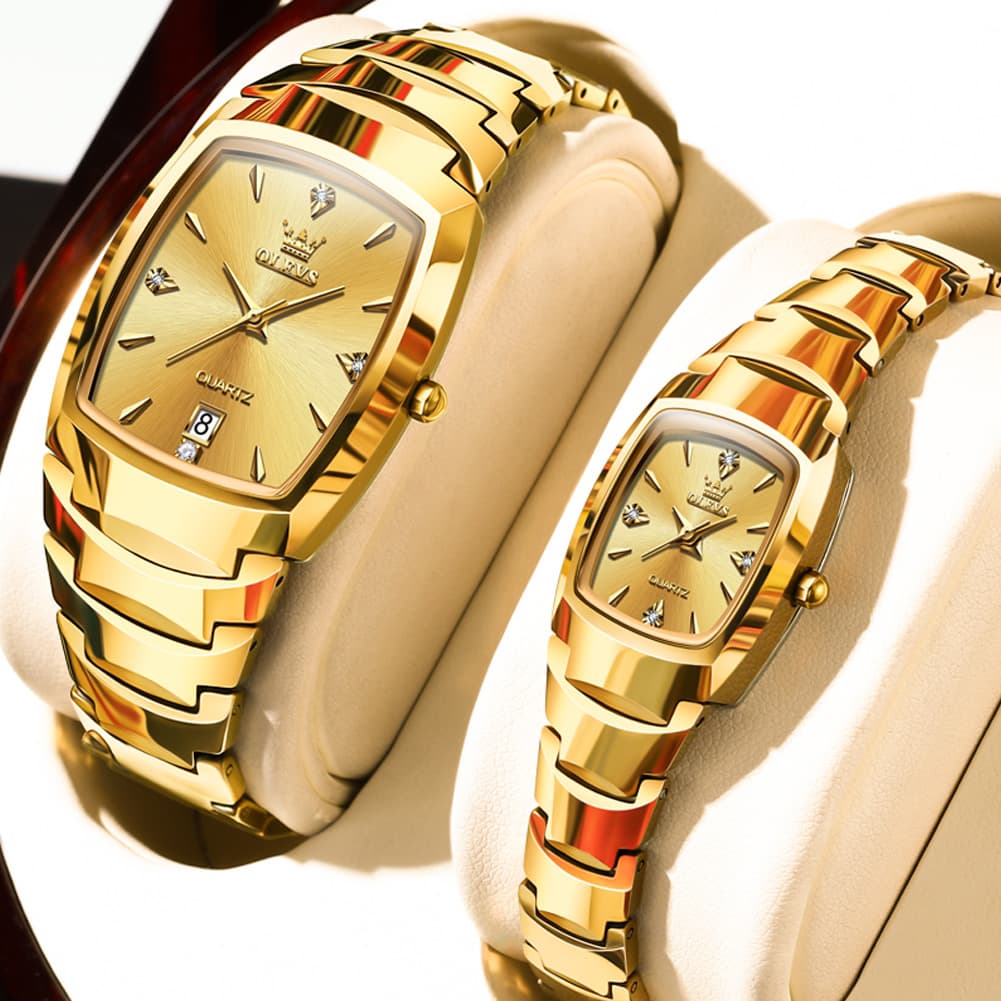 OLEVS 7006 Tungsten Steel Watch Tonneau Case Couple Diamond Accent Quartz Luxury Timepiece for Men and Women