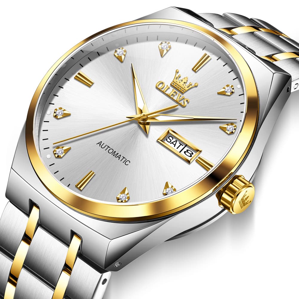 OLEVS Integrated Bracelet Diamond Dial Automatic Watch 9811 Day Date for Men
