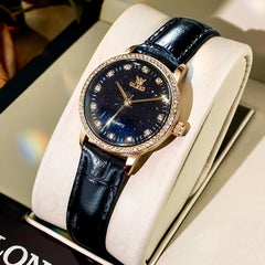 OLEVS Women Starry Sky Watch Diamond Bezel Leather Strap Quartz 5605