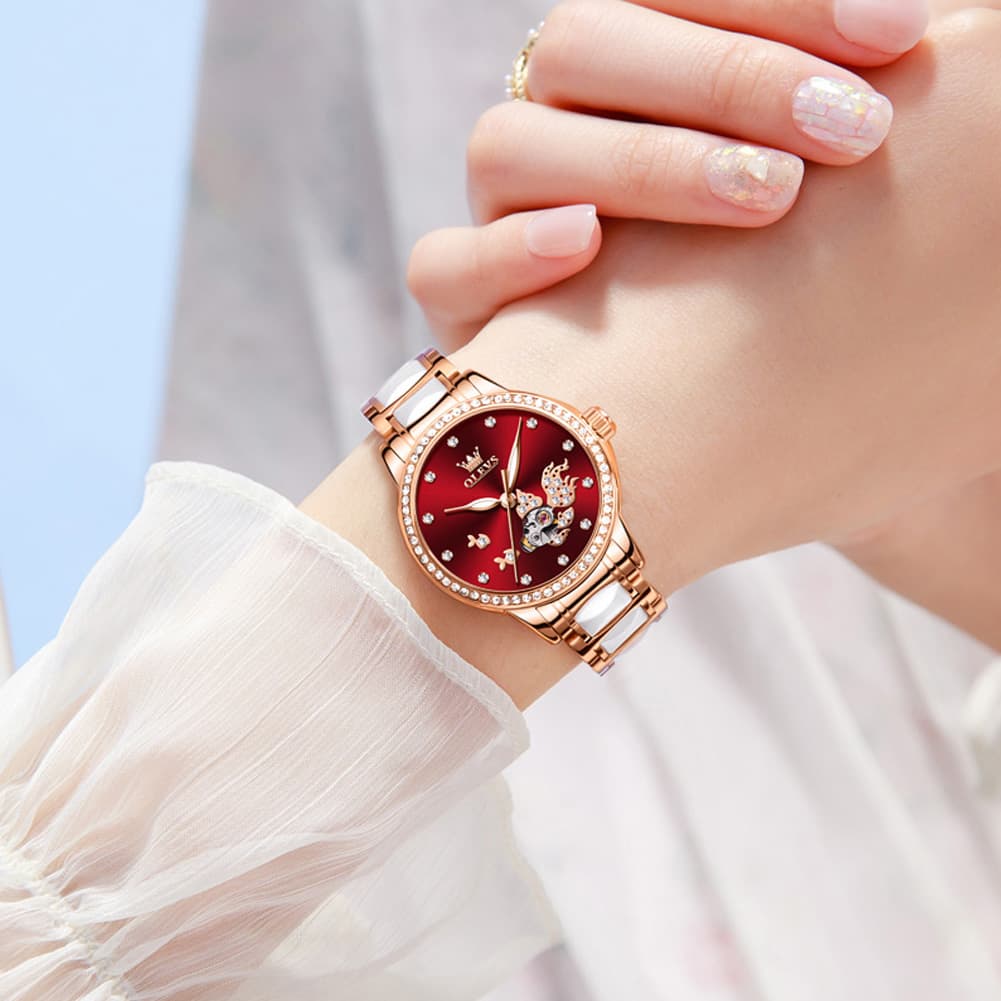 OLEVS 7001 Koi Skeleton Ceramic Mechanical Watch for Women