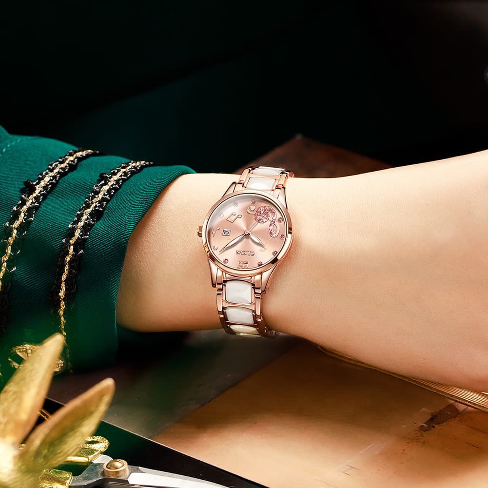 OLEVS 3605 Ceramic Musical Note Quartz Watch for Women