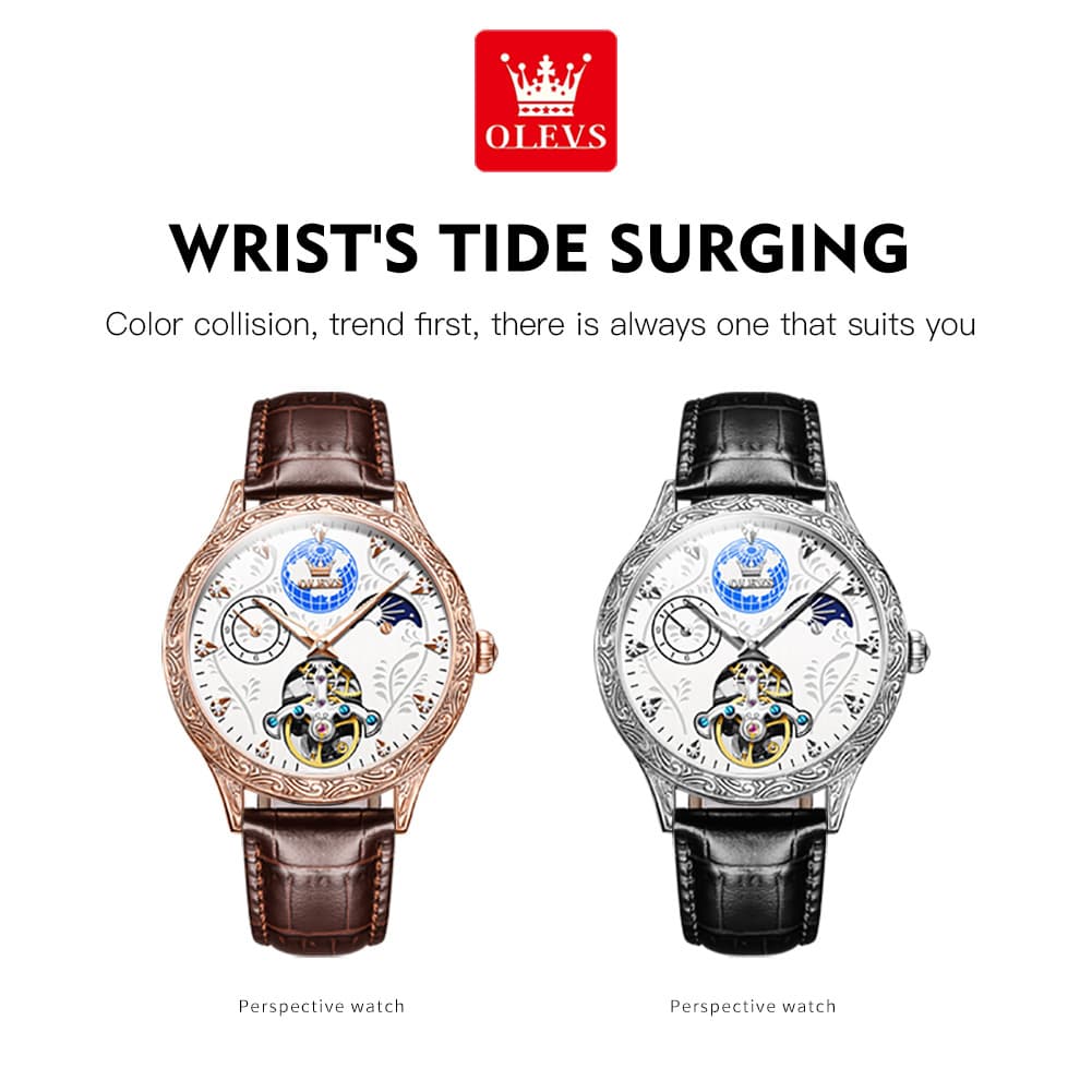 OLEVS 6660 Leather Globe Skeleton Mechanical Watch for Men