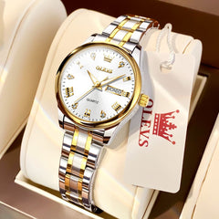 OLEVS Women Diamond Dress Watch Two Tone Stainless Steel Quartz Day Date 5563