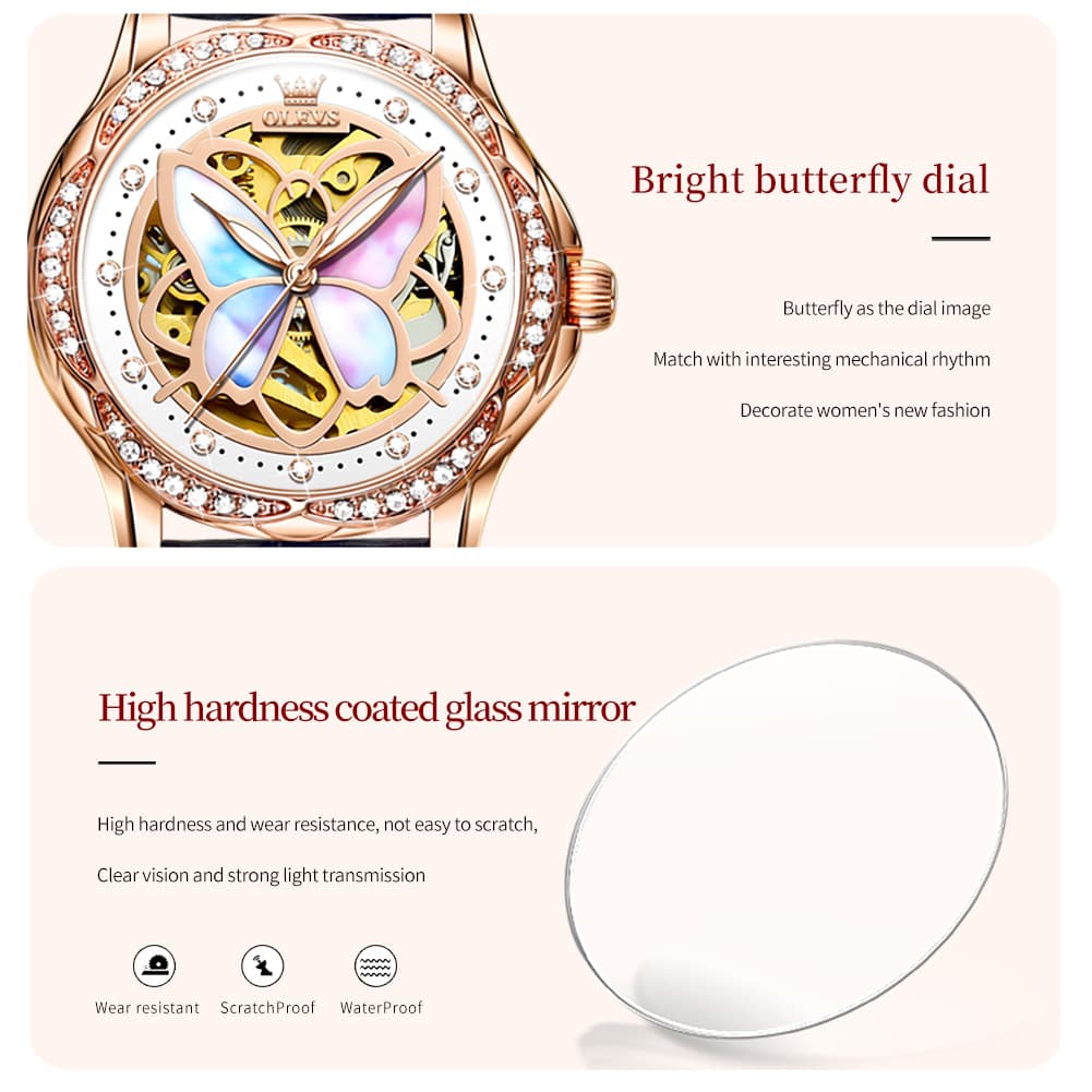 OLEVS 6615 Automatic Skeleton Bright Butterfly Watch Set for Women