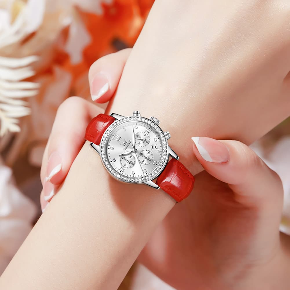 OLEVS 9933 Crystal Bezel Chronograph Leather Watch for Women
