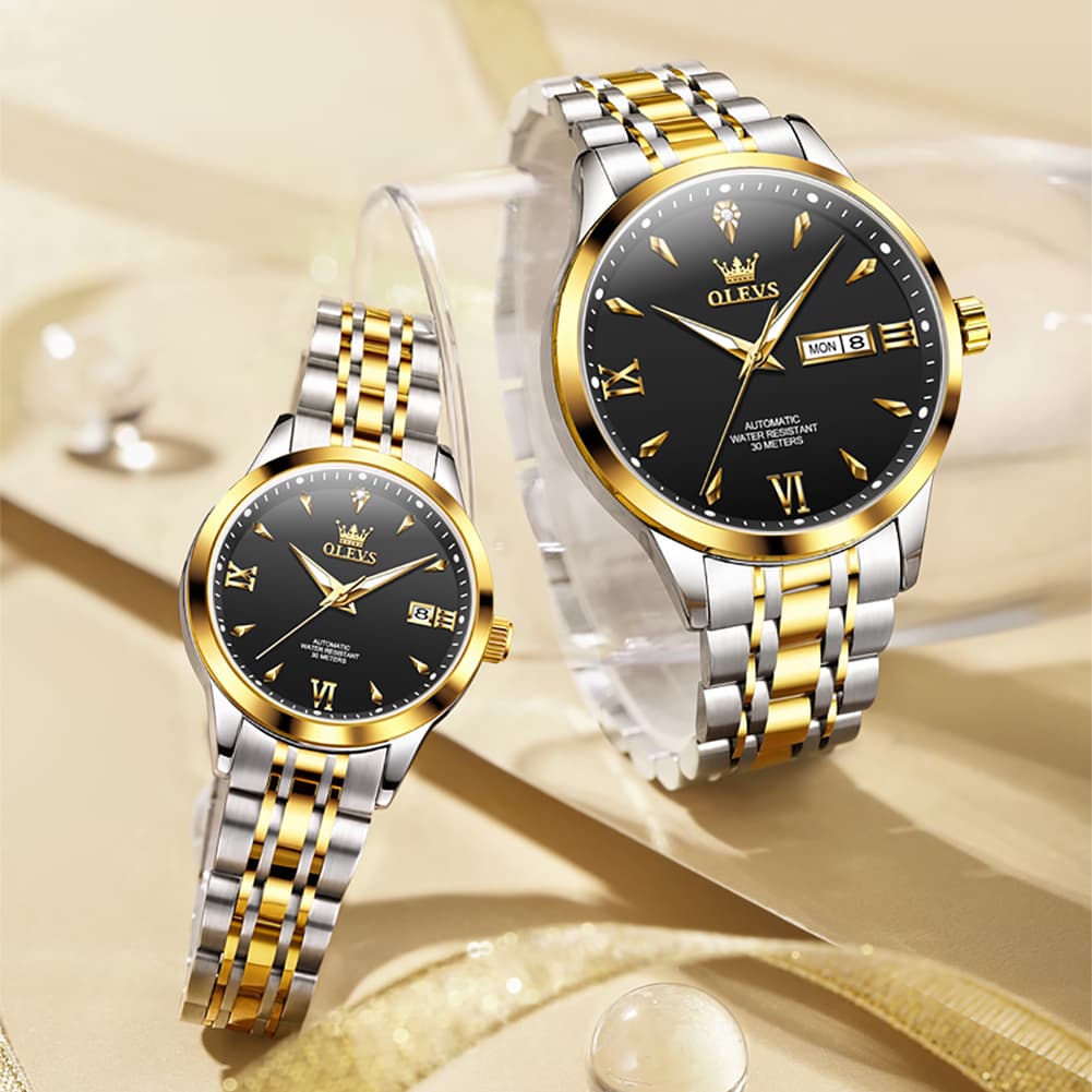 OLEVS Couple Watches Diamond Dial Automatic Mechanical Watch 9956 Steel Band for His and Hers