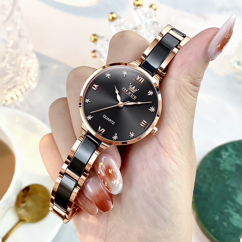 OLEVS 5872 Ceramic Bracelet Watch Rose Gold Diamond Accent Quartz Luxury Timepiece for Women