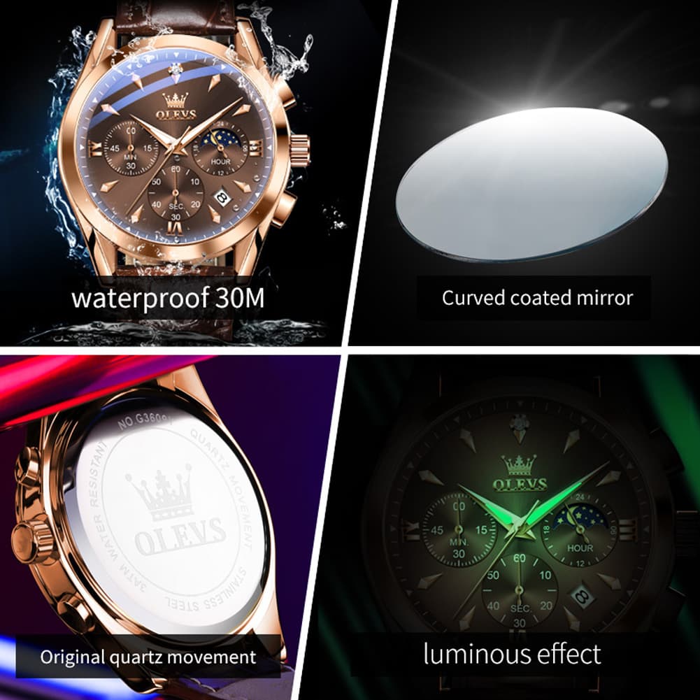 OLEVS 3609 Multifunction Leather Quartz Watch for Men