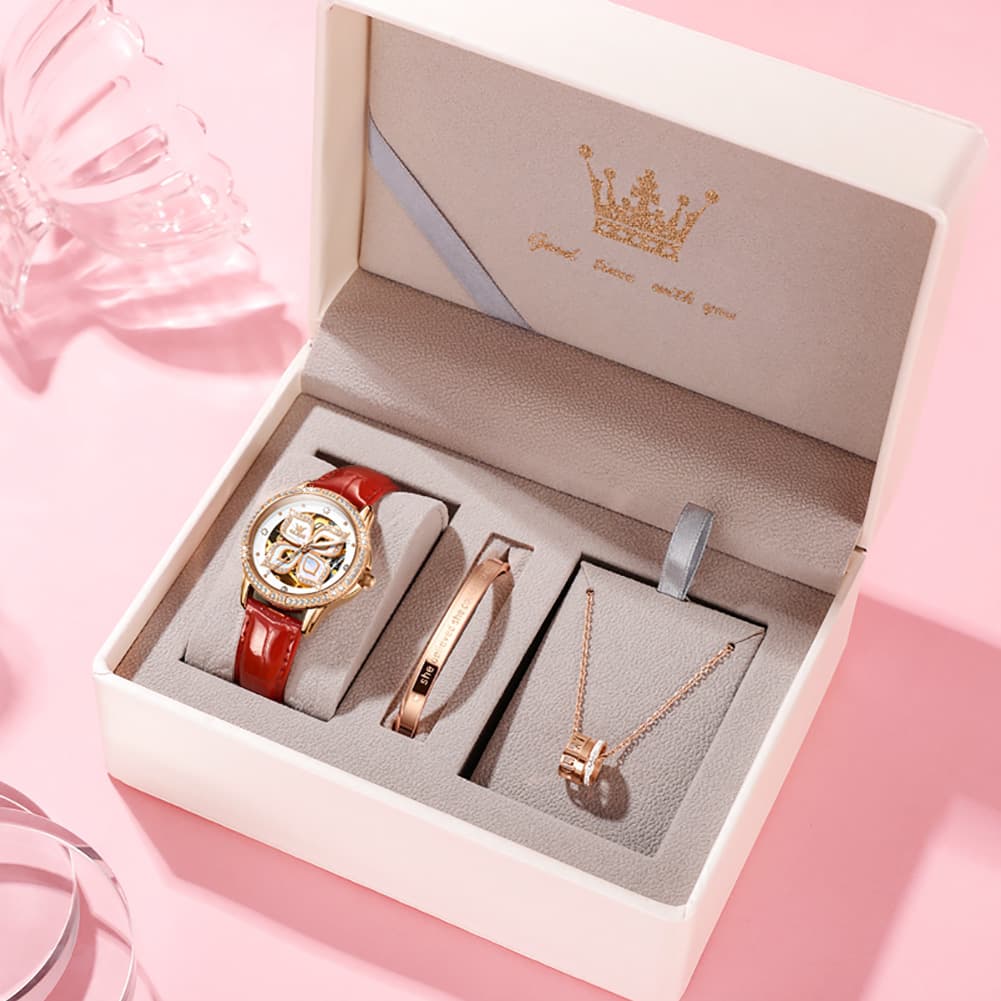 OLEVS 6612 Automatic Skeleton Four Leaf Clover Watch Set for Women