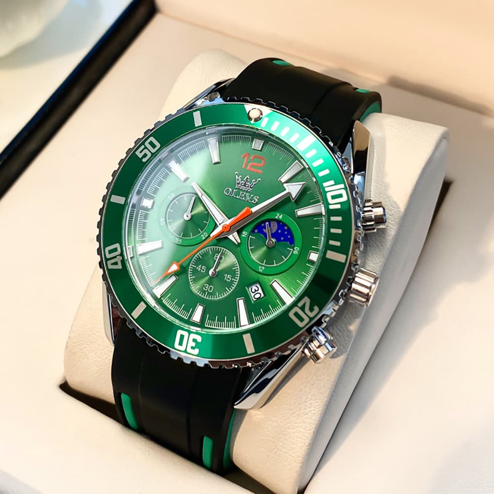 OLEVS 9916 Silicone Strap Moon Phase Chronograph Watch for Men