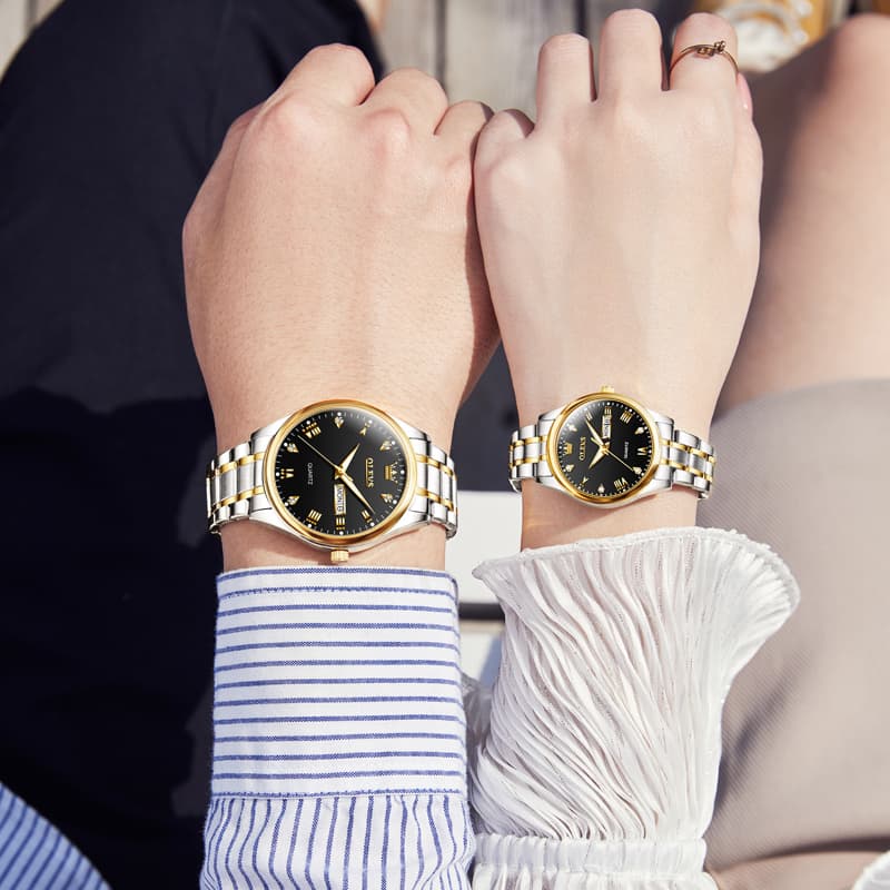 OLEVS His and Hers Couple Watches Set Two Tone Stainless Steel Quartz Day Date 5563Q