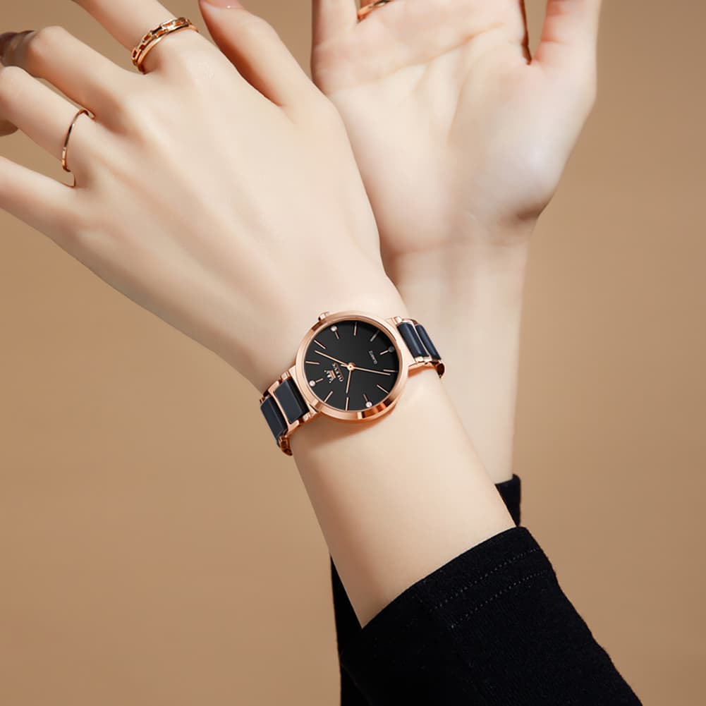 OLEVS 5877 Ceramic Bracelet Watch Rose Gold Minimalist Diamond Accent Japan Quartz Luxury Timepiece for Women