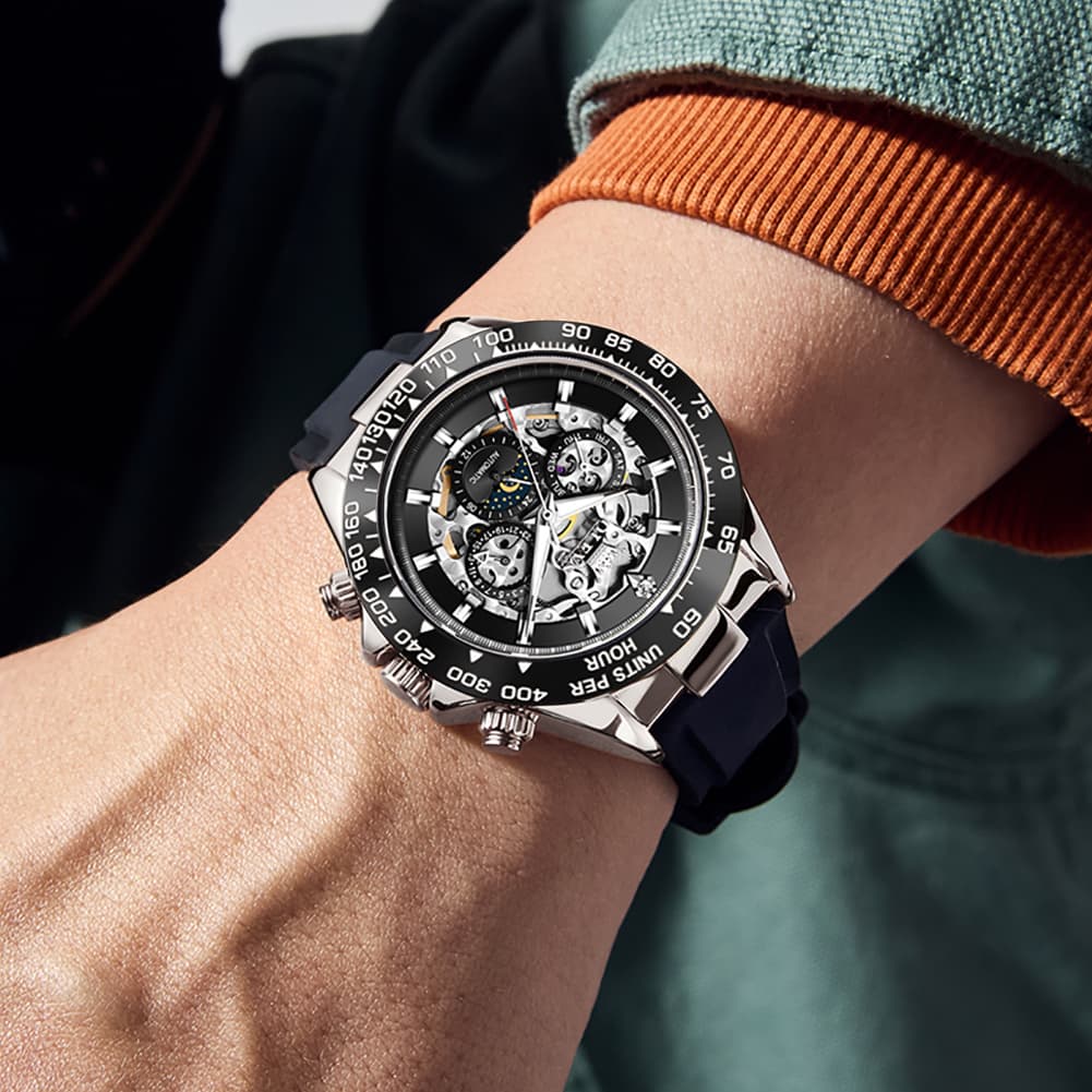 OLEVS 6713 Skeleton Silicone Sports Racing Mechanical Watch For Men