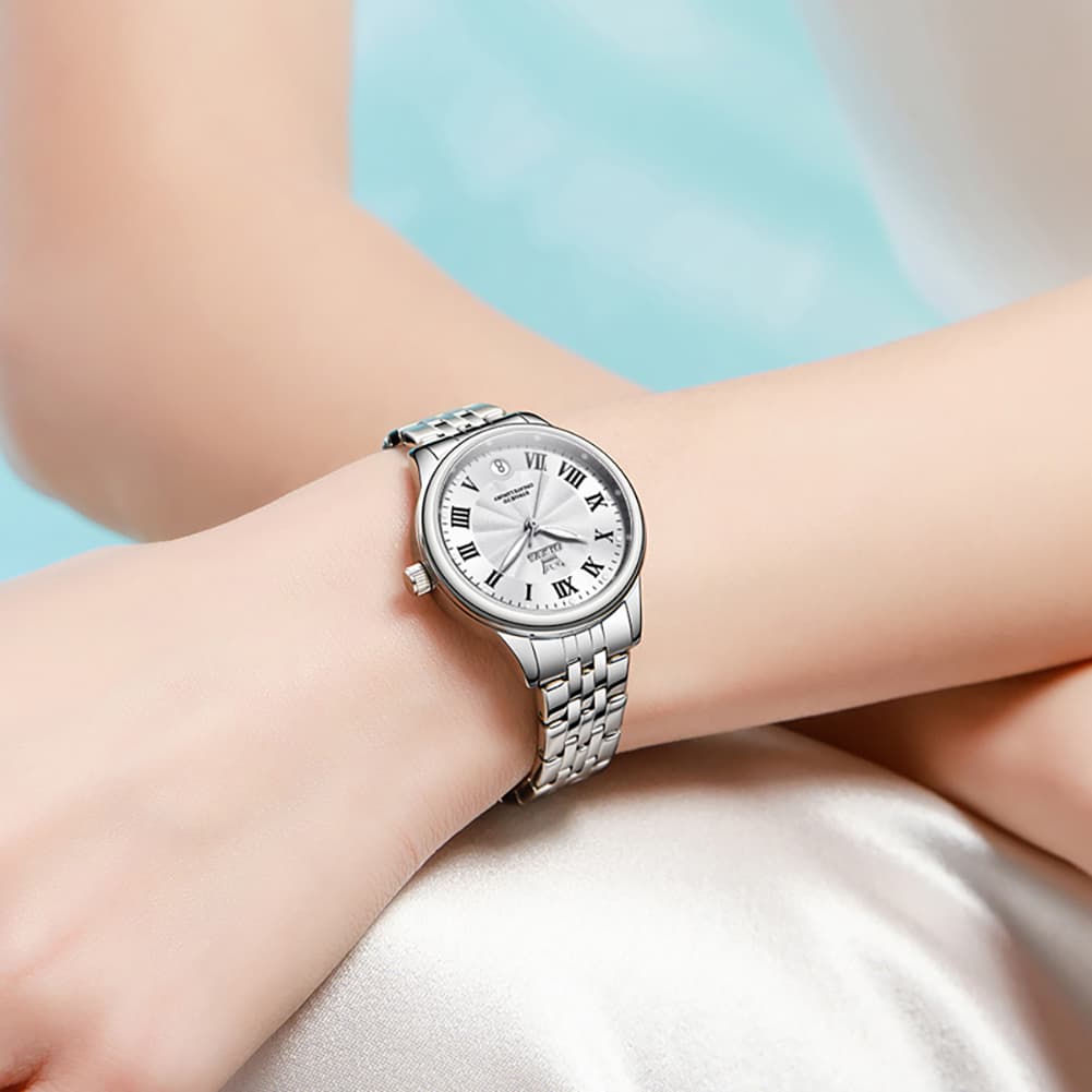 OLEVS Women Tiffany Blue Watch Roman Numeral Silver Stainless Steel Date Quartz 5600