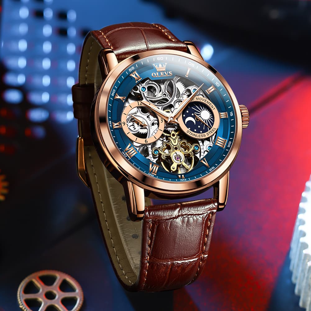 OLEVS 6670P Leather Skeleton Moon Phase Watch for Men