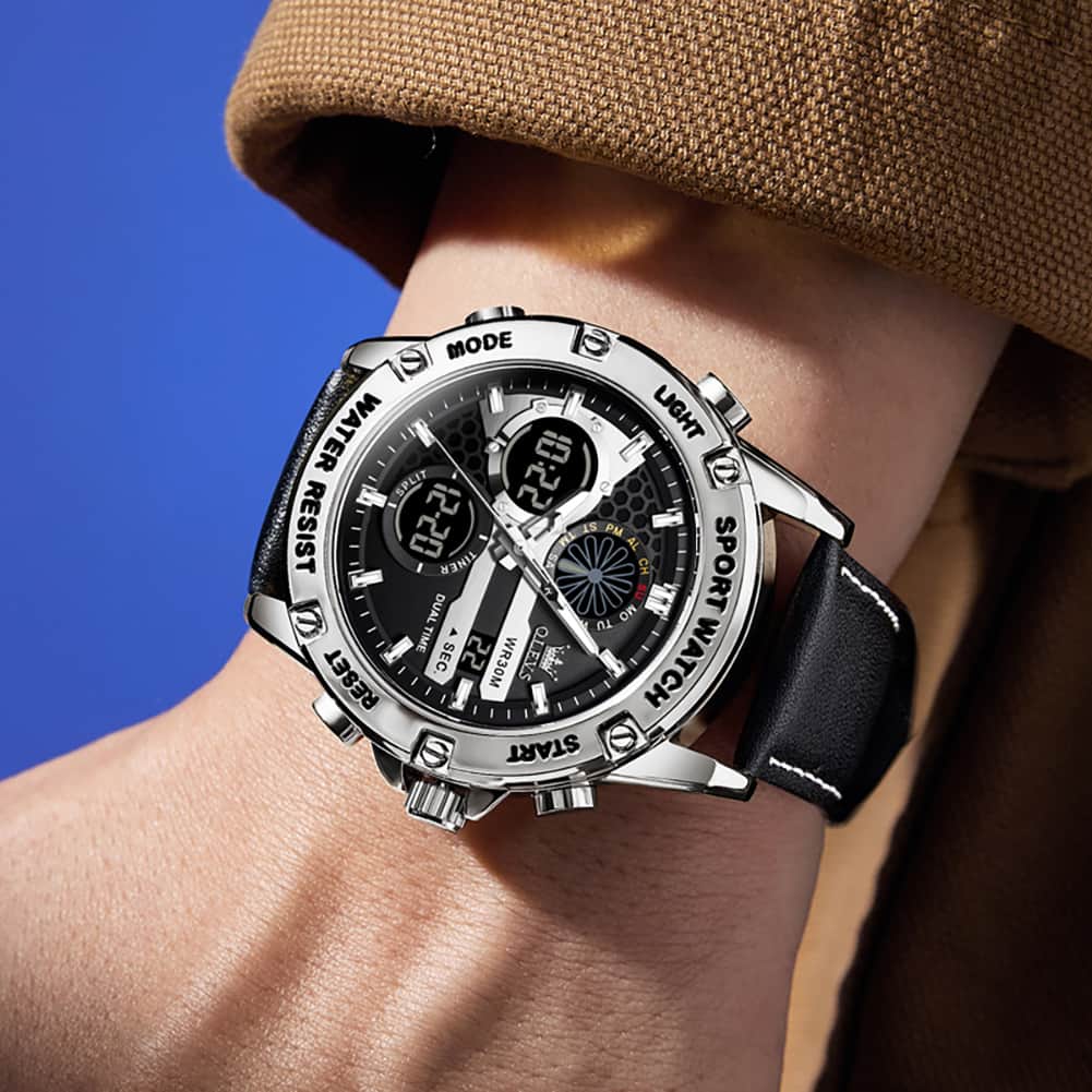 OLEVS 1110 Rugged Dual Display Leather Sport Watch for Men