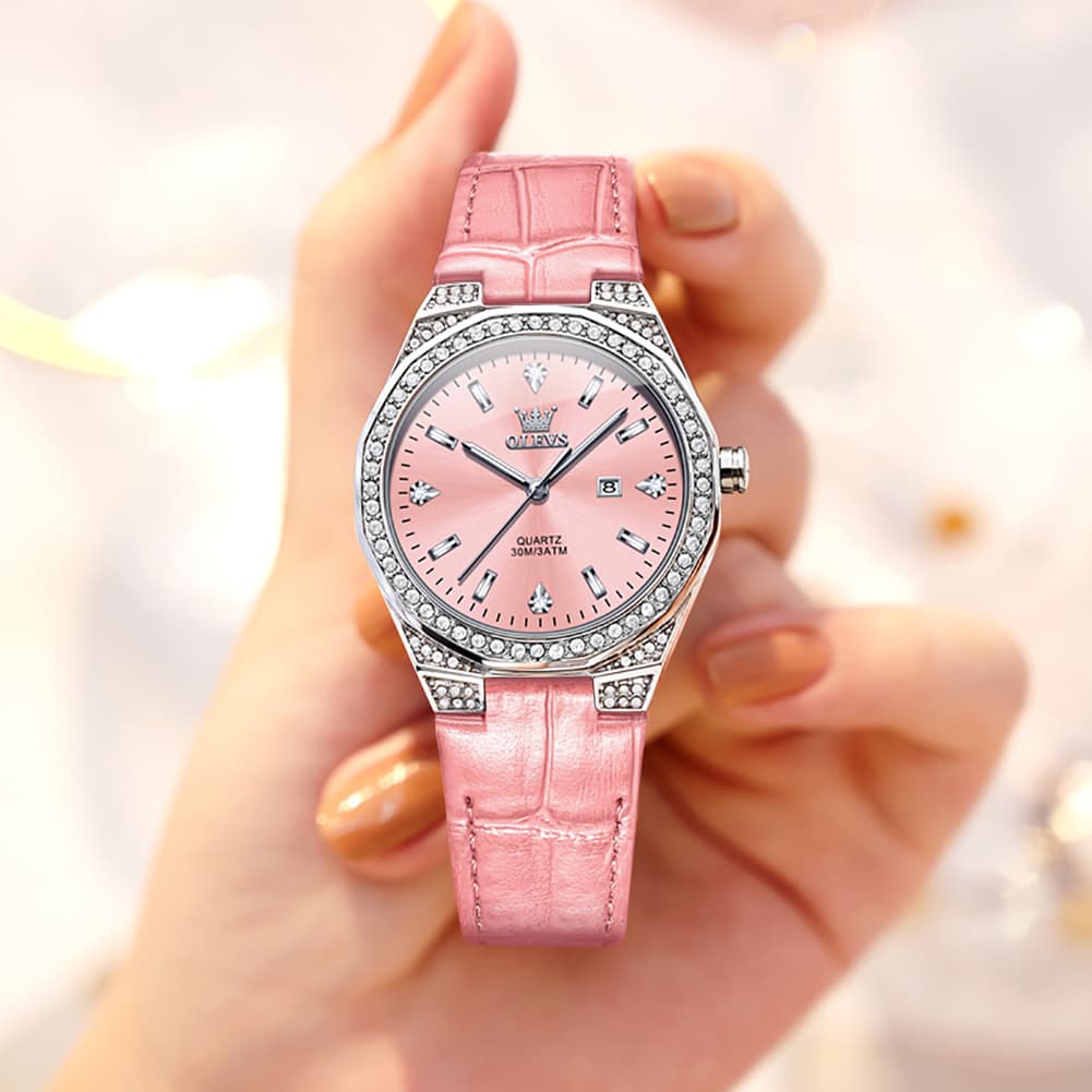 OLEVS Women Octagonal Watch Diamond Bezel Leather Strap Date Quartz 5606
