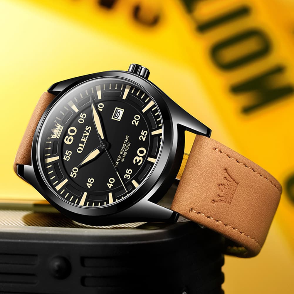 OLEVS 9962 Pilot Sports Date Display Leather Watch for Men