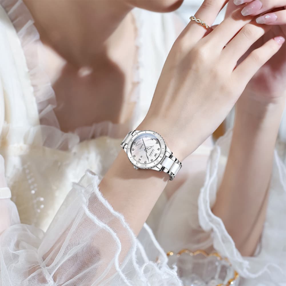 OLEVS 9985 Two Tone Ceramic Bracelet Quartz Watch for Women