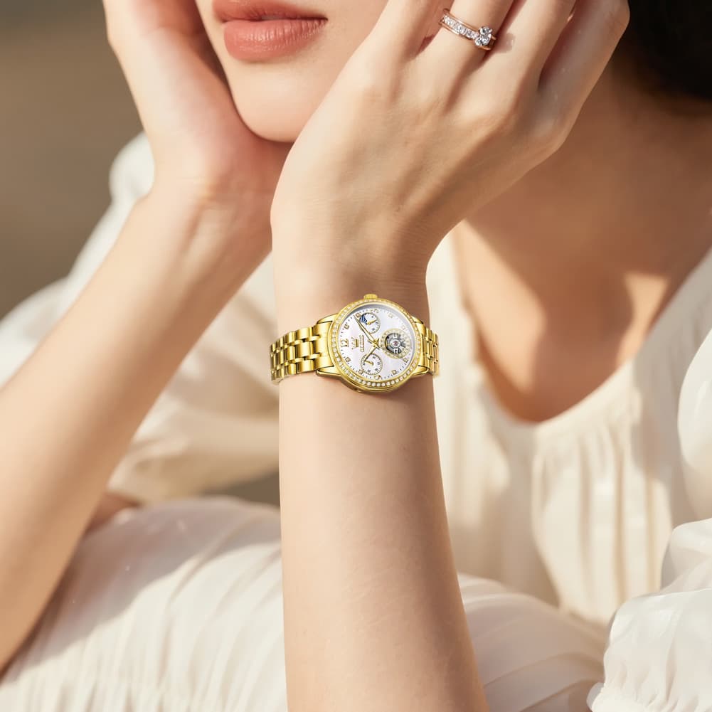 OLEVS 6750 Diamond Bezel Skeleton Mechanical Watch for Women