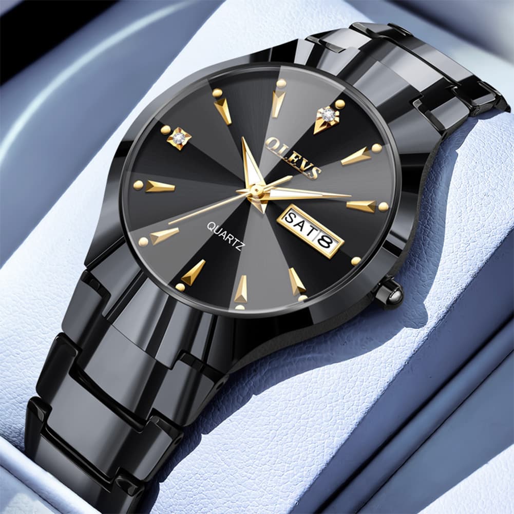 OLEVS Tungsten Steel Ultra Thin Day Date Couple Watch 8697 for Men and Women