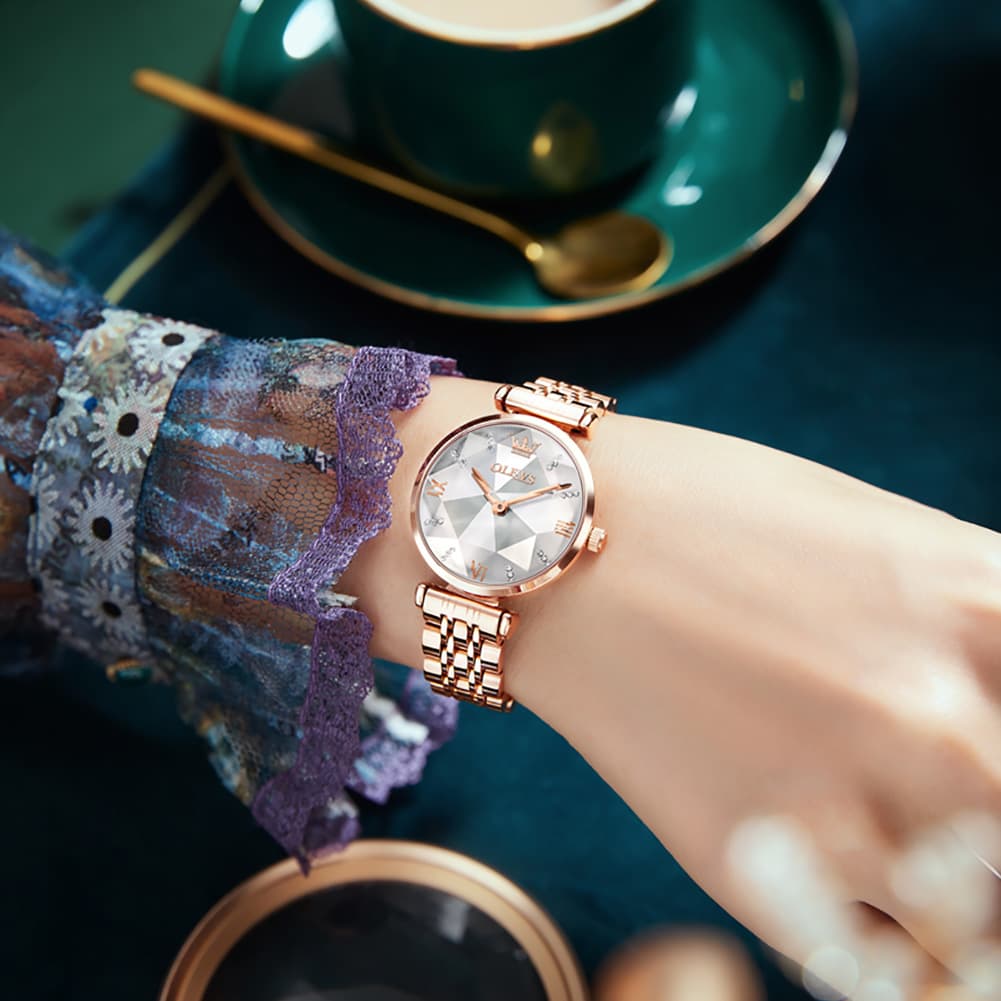 OLEVS 6642 Prism Cut Crystal Watch Rose Gold Stainless Steel Japan Quartz Timepiece for Women