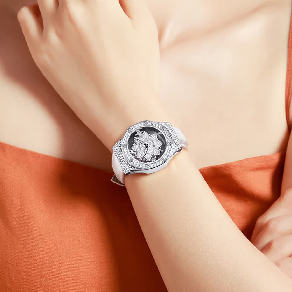 OLEVS 9996 Rotatable Diamond Bezel Leather Watch for Women