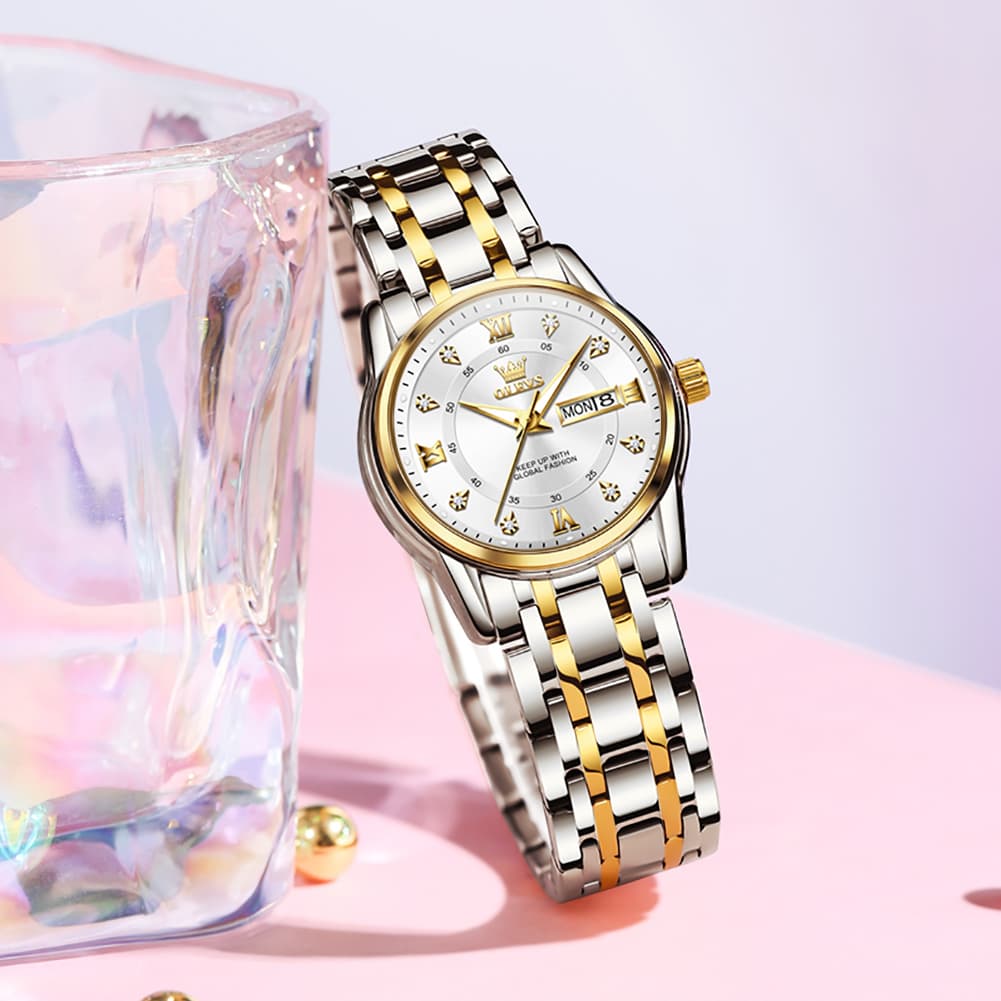 OLEVS Diamond Dial Day Date Quartz Watch 5513 Steel Band for Women